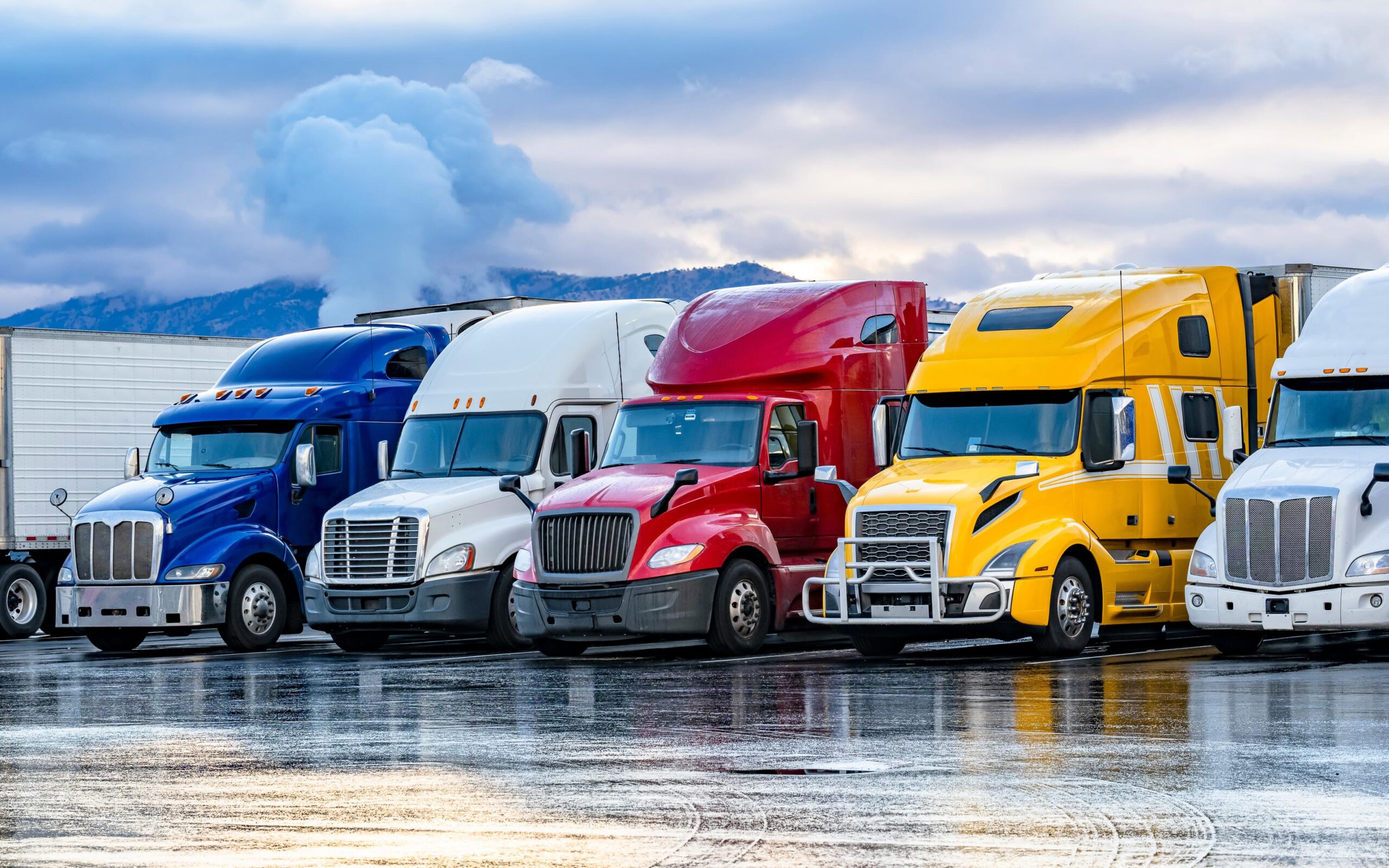 A lineup of colorful semi-trucks parked in a row on a wet surface with mountains and cloudy sky in the background.